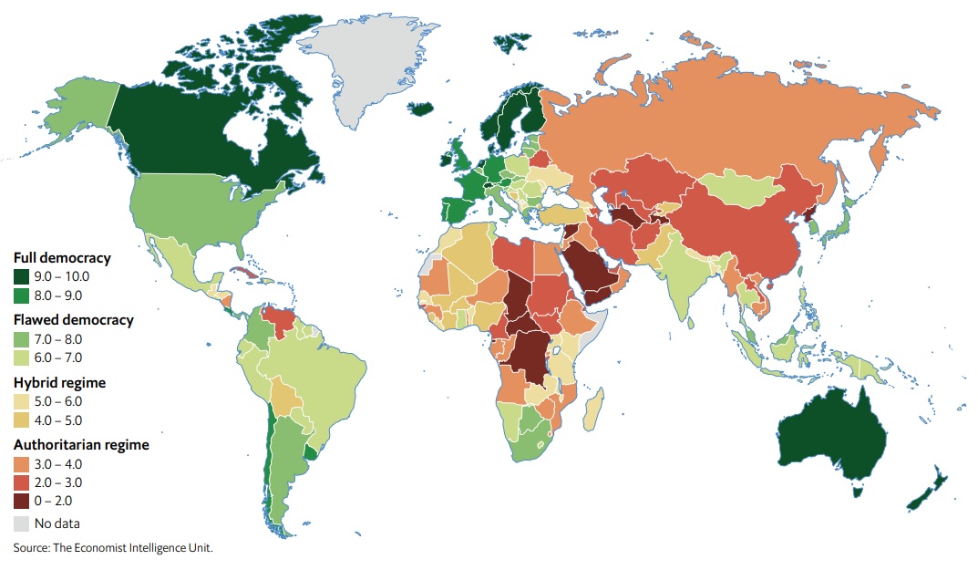 A 2019-es demokráciaindex világtérképe