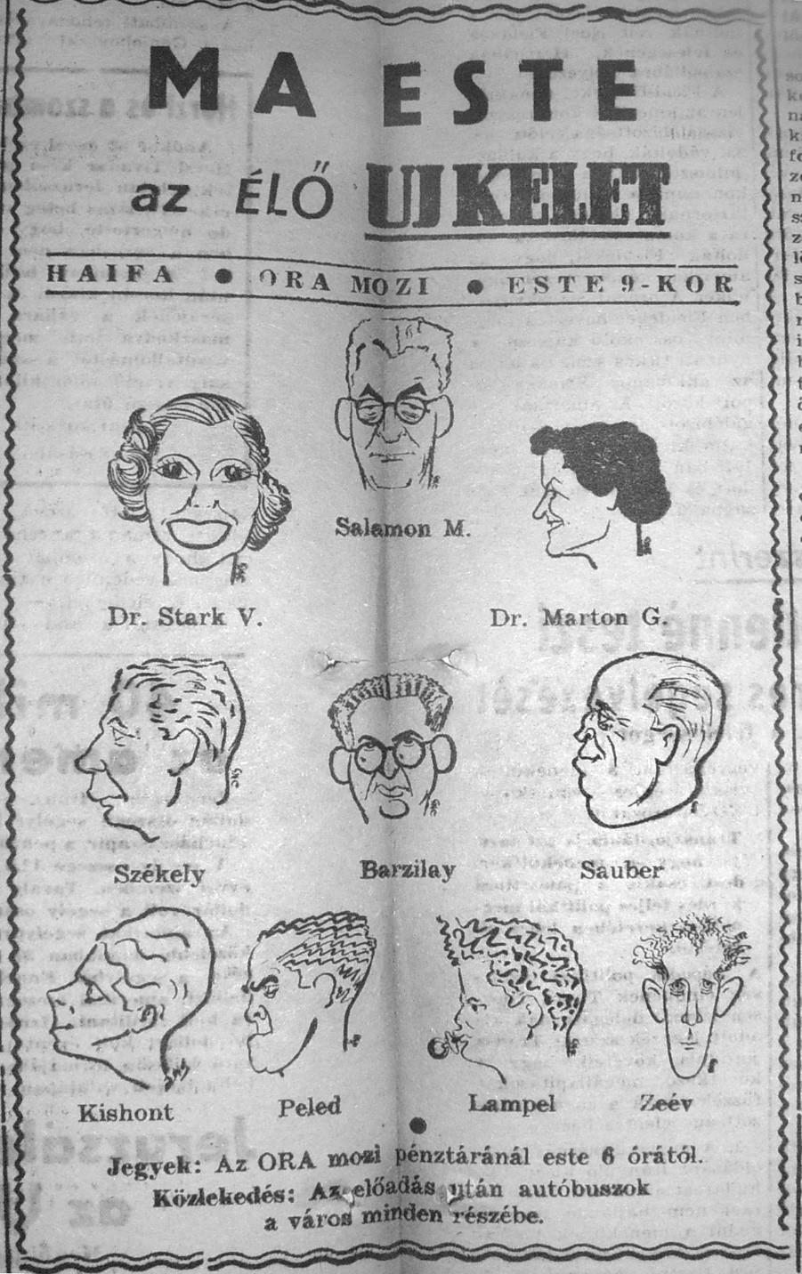 Az élő Új Kelet haifai programját hirdető karikatúra, Új Kelet, 1954. november 18. – Fotó: Jeruzsálemi Nemzeti Könyvtár